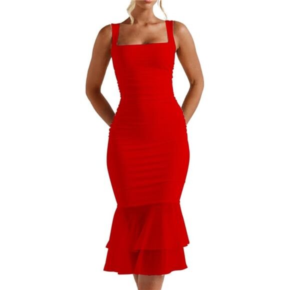 Women's Sexy Bodycon Ruched Square Neck Midi Dress Red - Picture 1 of 7